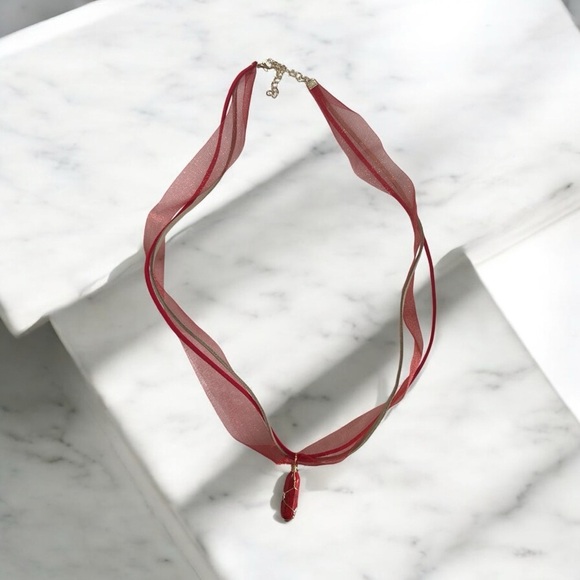 Red Ribbon and Vegan Leather with Howlite Pendant Necklace - Picture 2 of 5